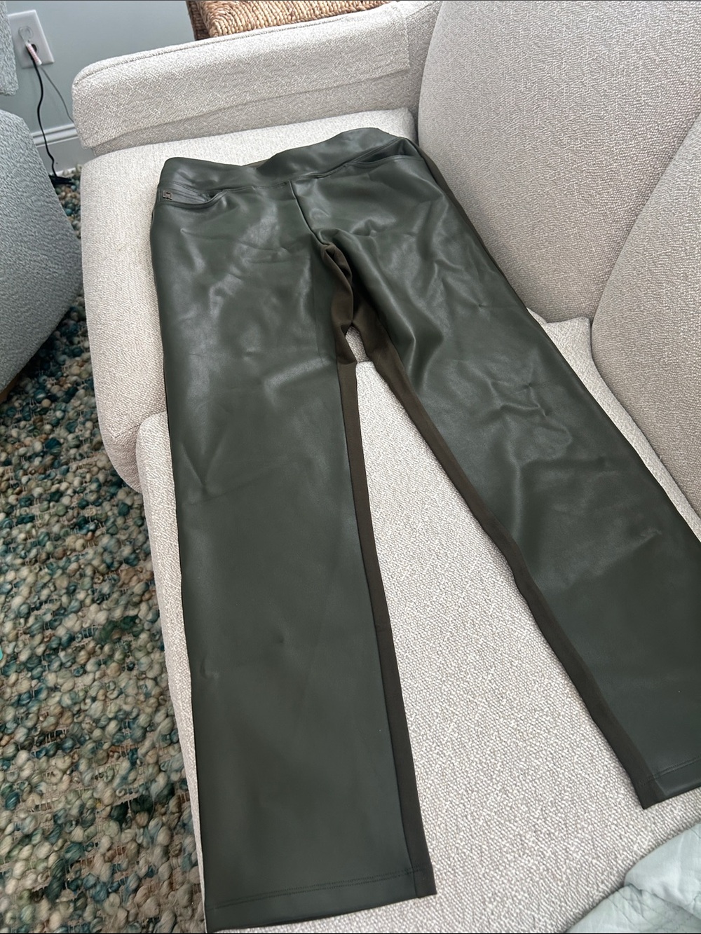Woman’s  Faux Leather and Ponte Pants in Dark Olive